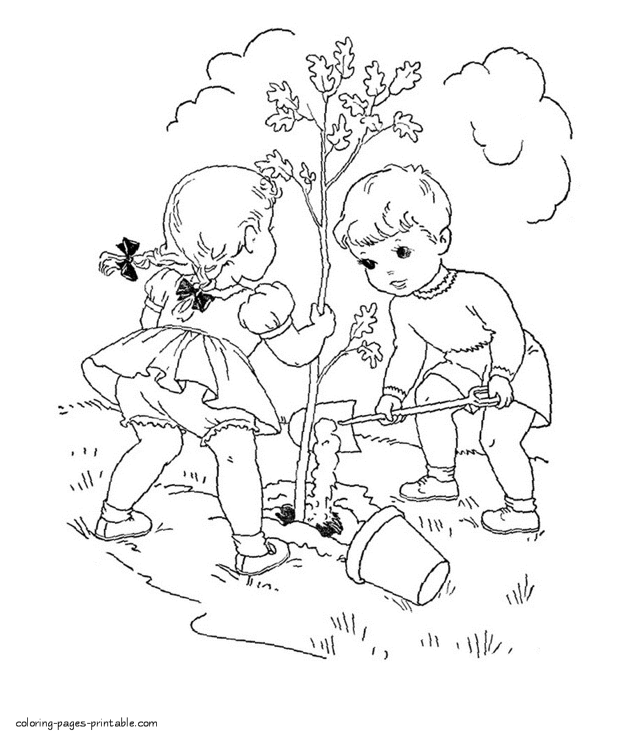 Children plant trees in the park coloring page for printout