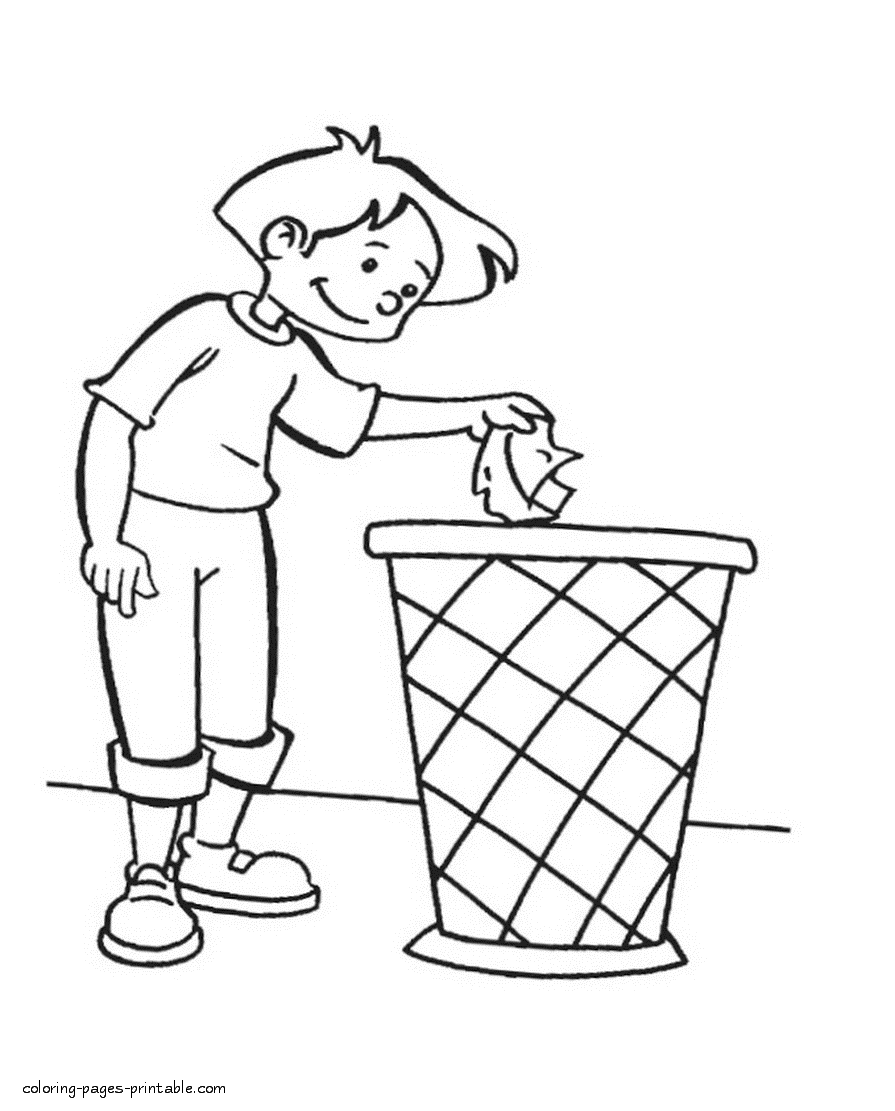 Boy throws trash in the dustbin. Coloring page