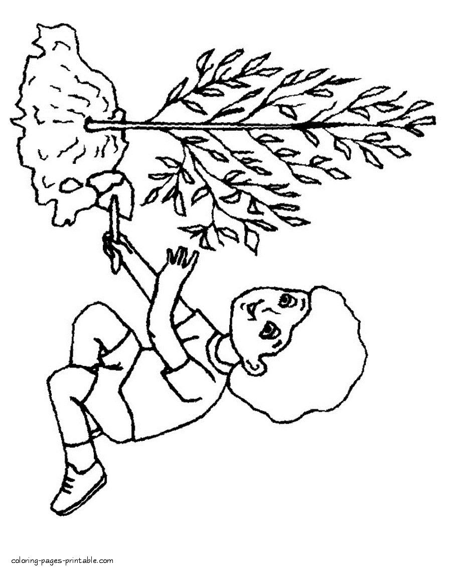 Boy planting a tree on Earth Day. Coloring page