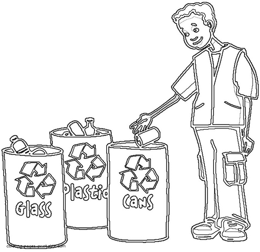 Recycle bins coloring page. Glass, plastic and cans