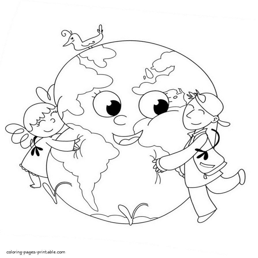 Children hugging the Earth coloring picture