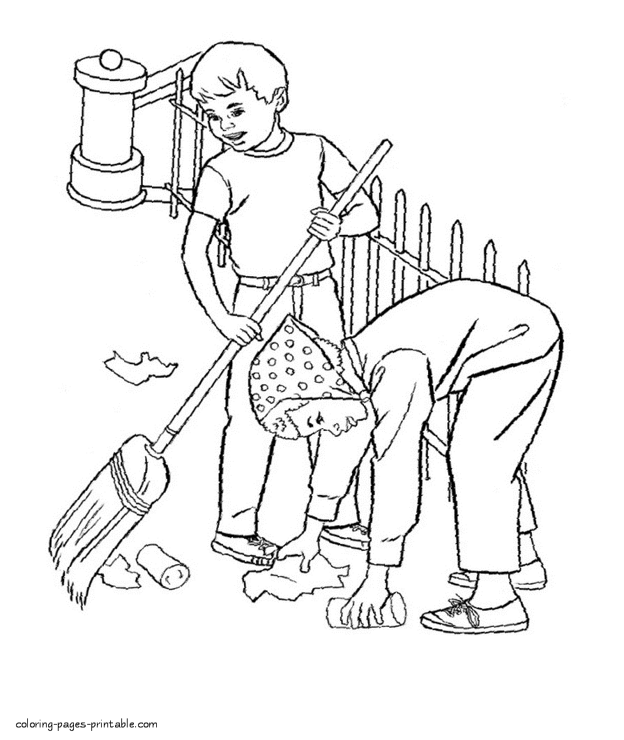 Cleaning debris near the house. Coloring page to Earth Day