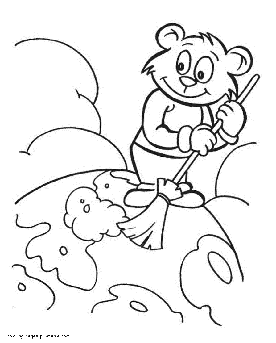 A bear cleaning the Earth coloring page to print