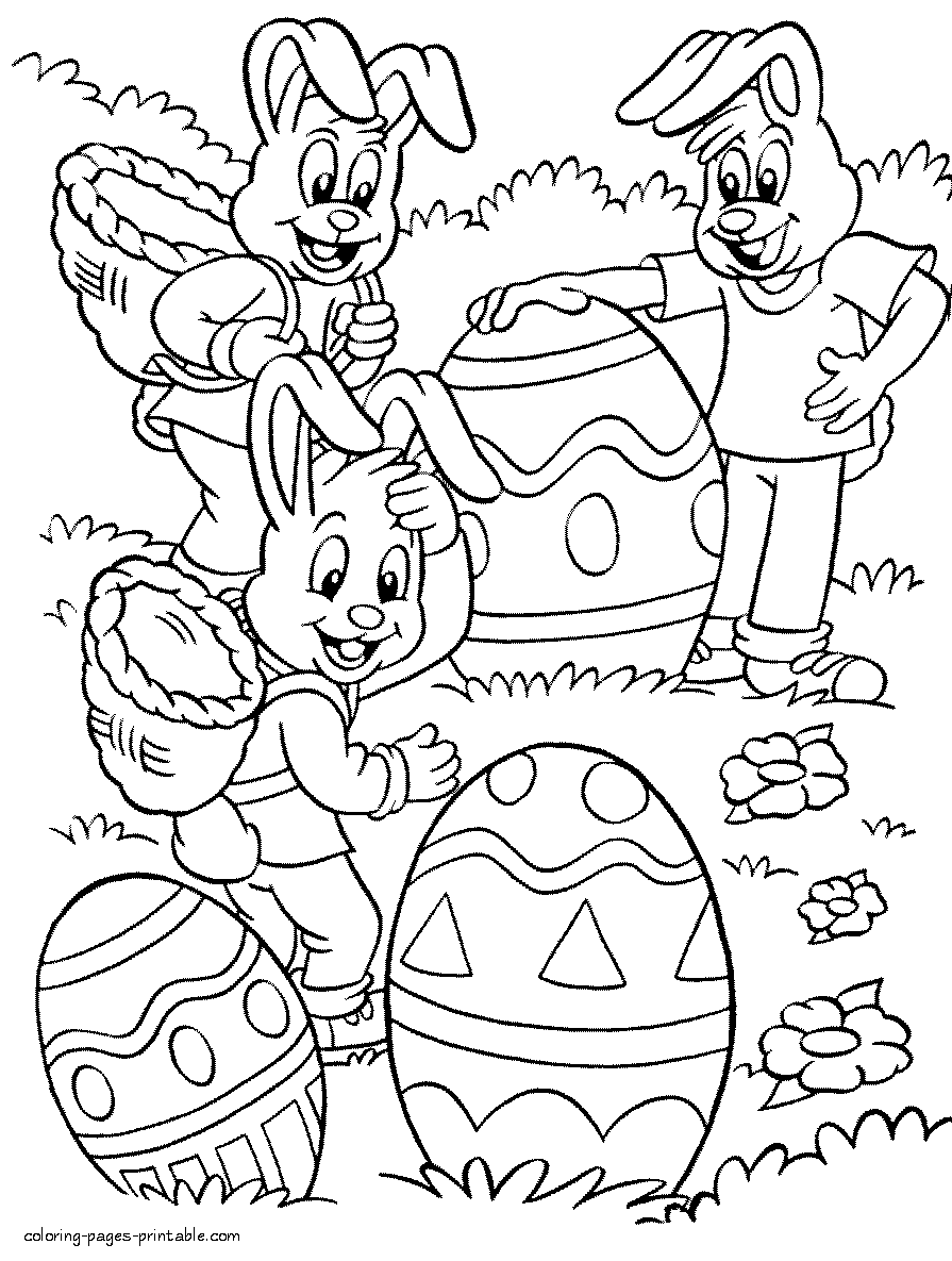 Eggs and bunnies for Easter. Coloring pages