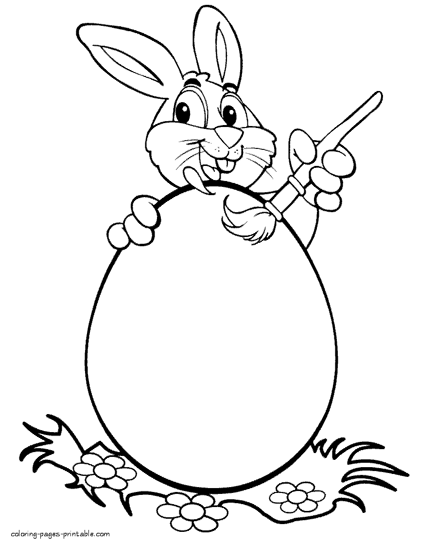 A bunny paints an Easter egg. Coloring page