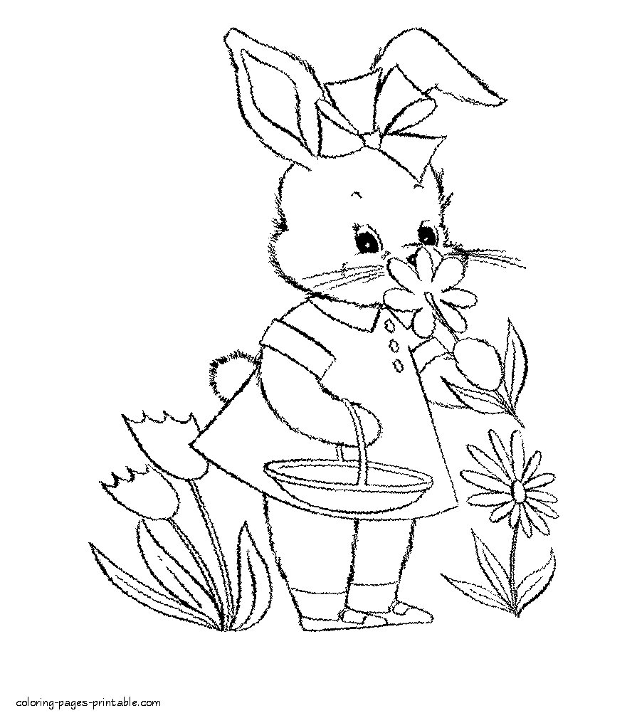 Bunny and flowers coloring sheet for kids