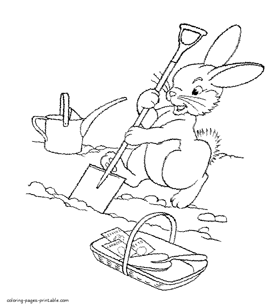 Search coloring page of a bunny who works in the garden