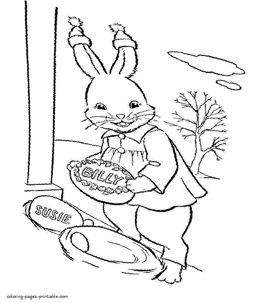 Easter gifts coloring page with a bunny