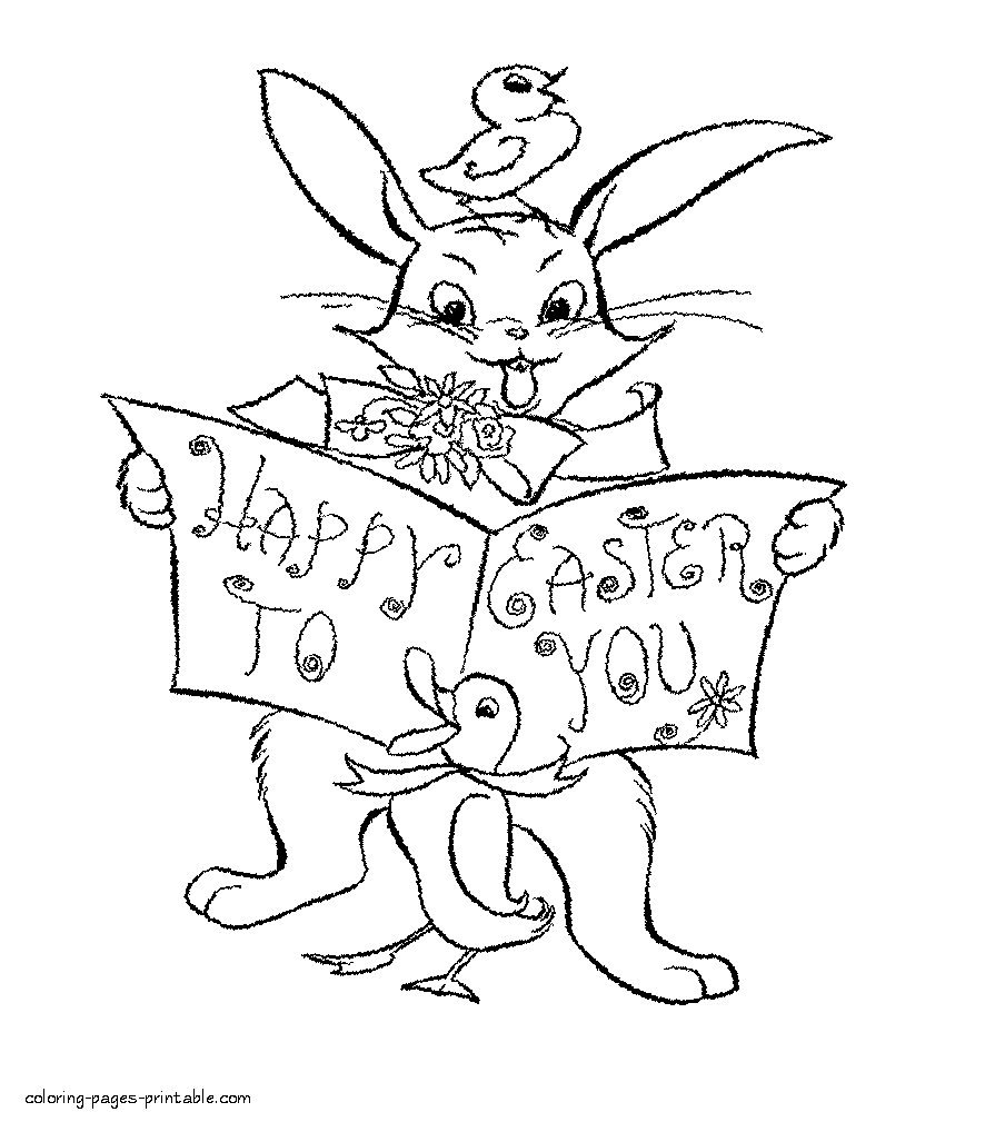 Easter bunny with greeting card. Coloring sheets