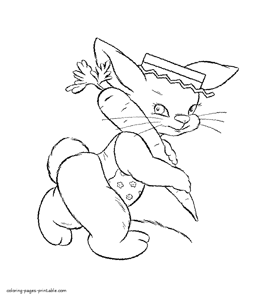 Bunny in a hat with a carrot, coloring page
