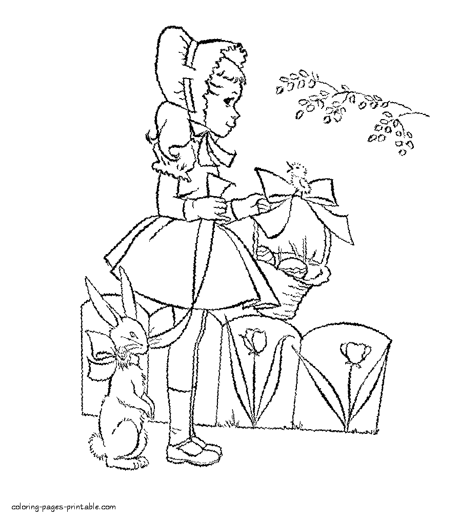 Girl with a bunny and Easter basket. Coloring page