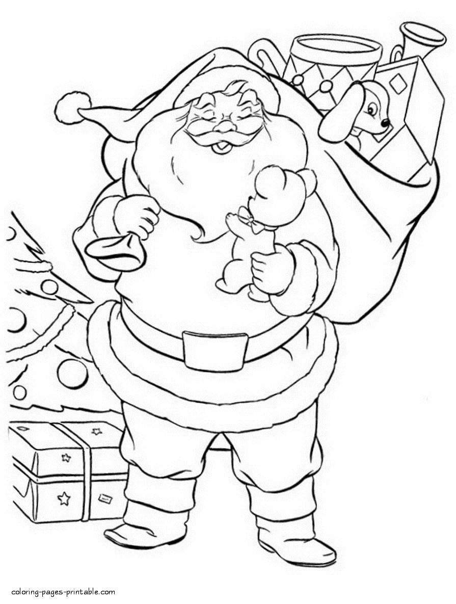 Santa's Christmas gifts. Coloring page for kids