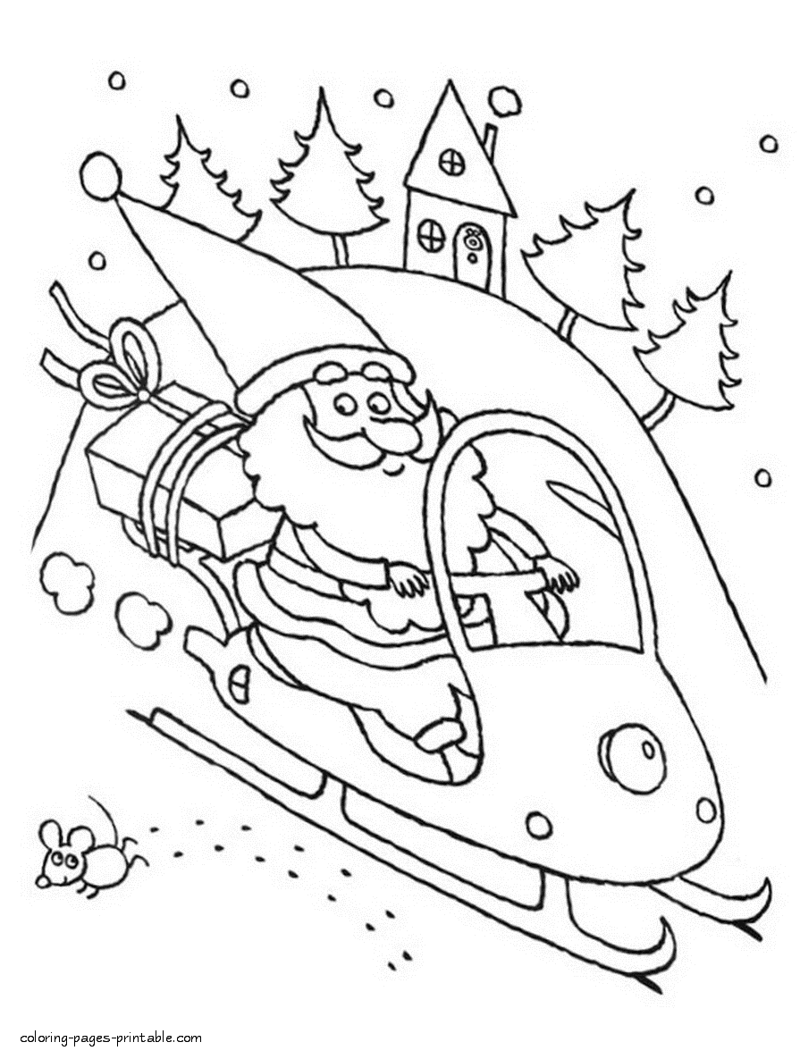 Santa on a snowmobile. Coloring sheet