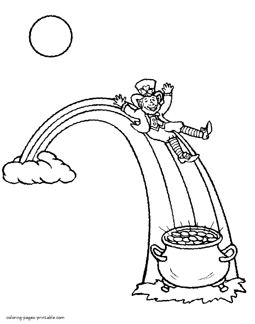Rainbow, Leprechaun and his pot of gold. Irish coloring pages