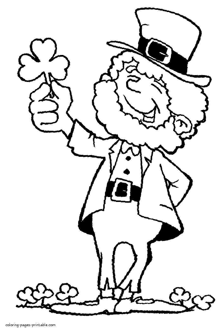 Leprechaun with a shamrock leaf. Holiday coloring pages