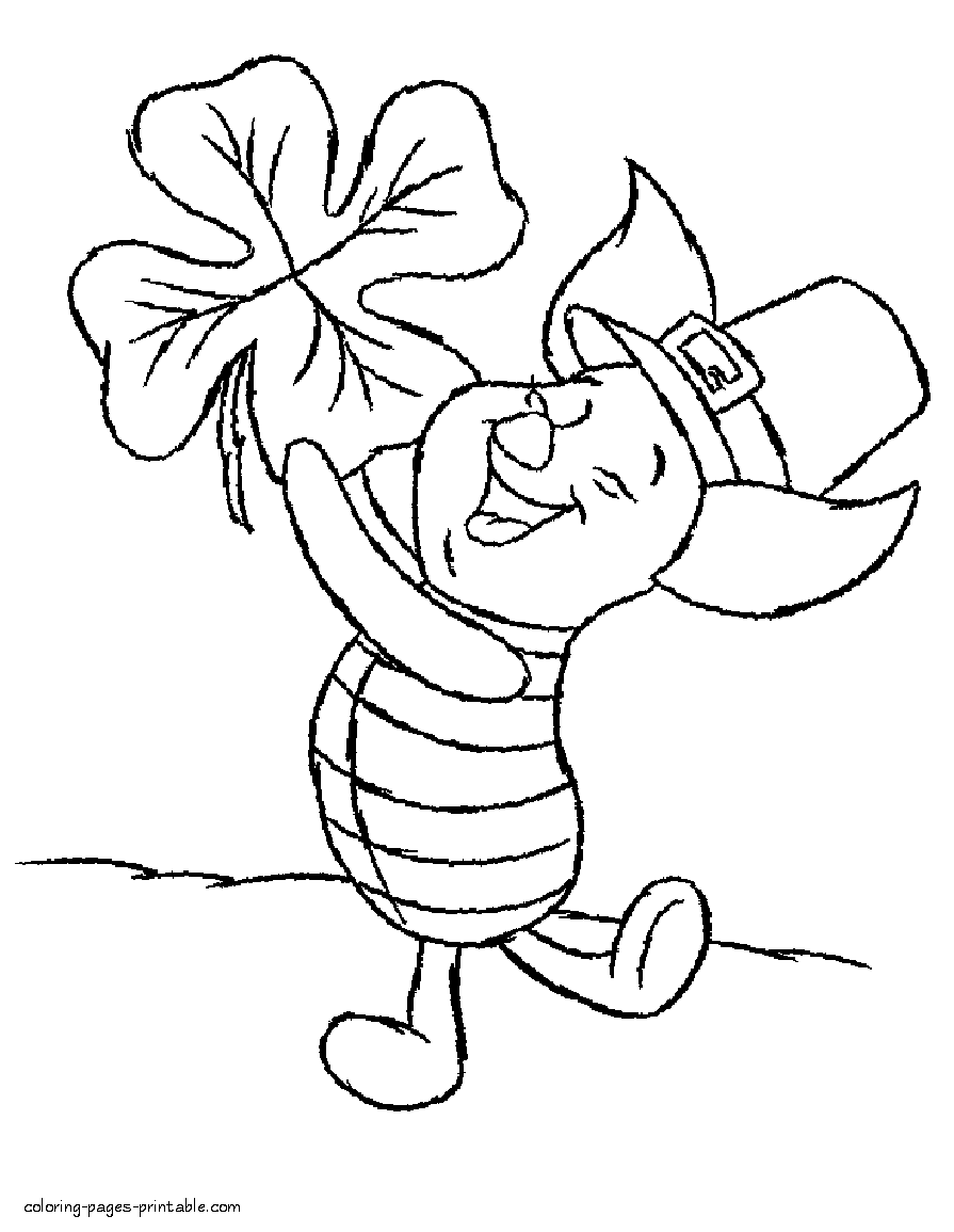 Coloring page of Piglet dressed as a leprechaun