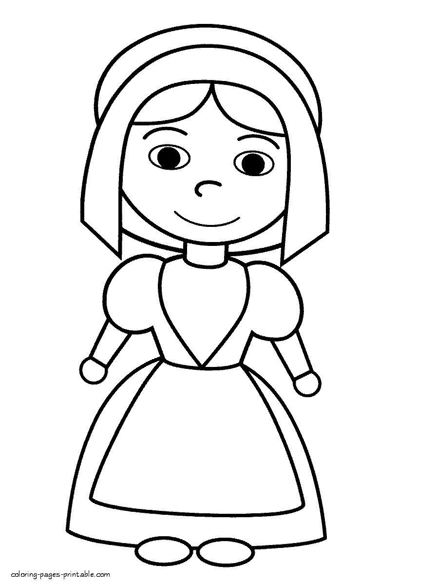 Coloring page of pilgrim girl to print