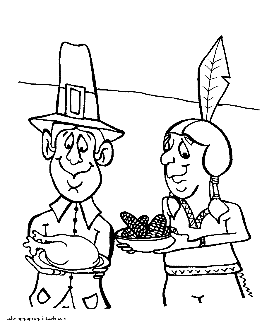 Pilgrim and Indian Thanksgiving coloring pages for holiday