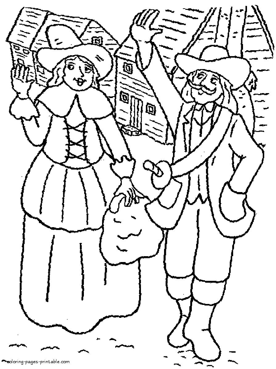 Pilgrims coloring pages for Thanksgiving day