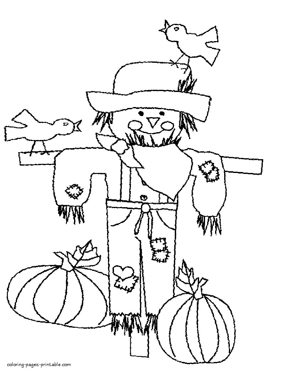 Free holidays colouring pages. Thanksgiving scarecrow picture
