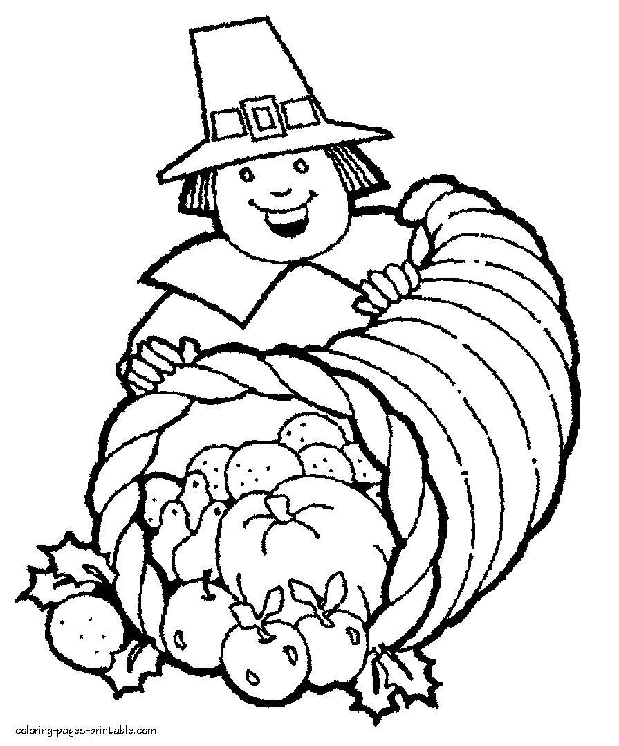Pilgrim with cornucopia. Coloring page for holiday