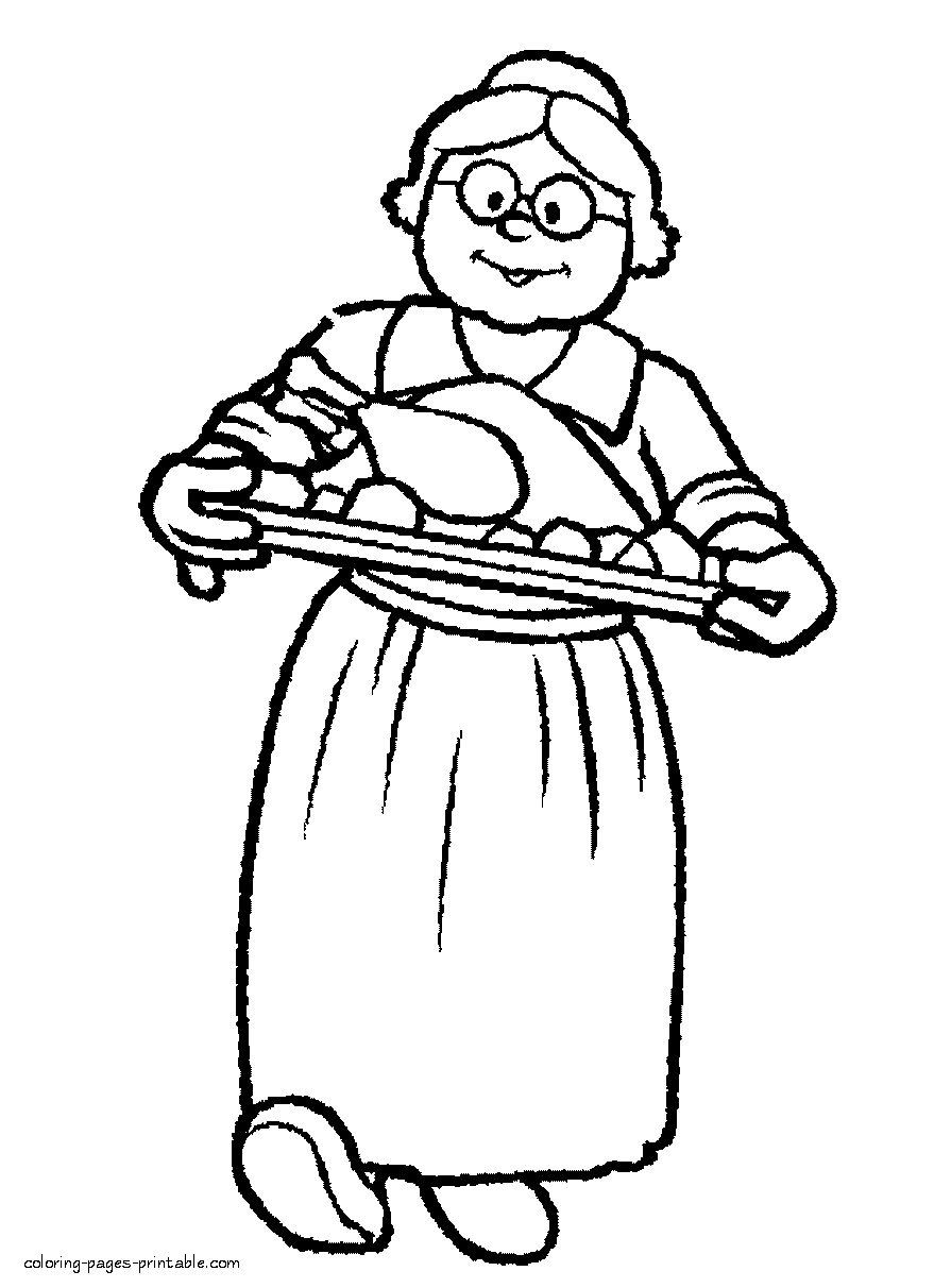 Granny coloring page. Thanksgiving dinner picture
