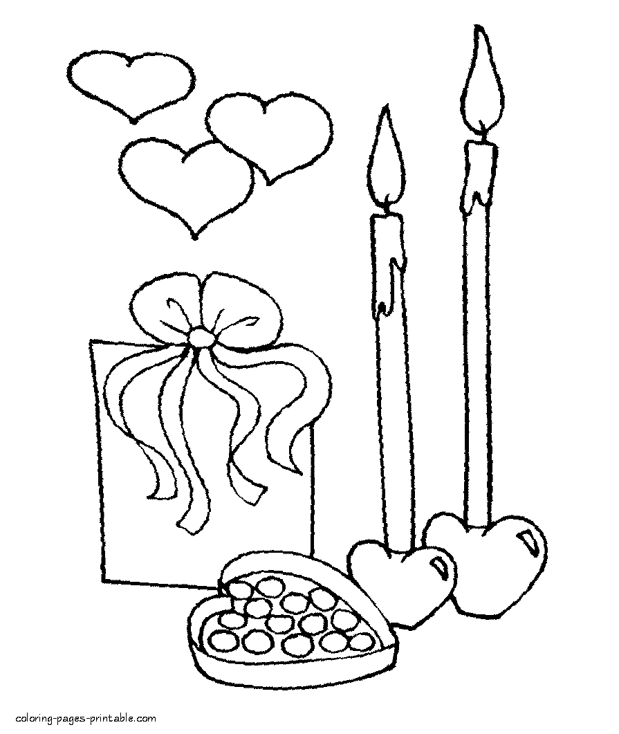 Hearts, candles & candies - valentine coloring pages