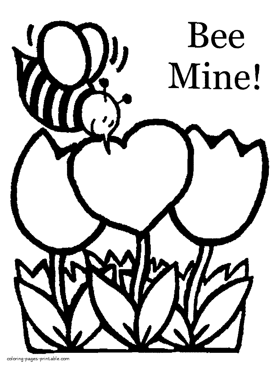 Bee and flowers valentine coloring page for printing