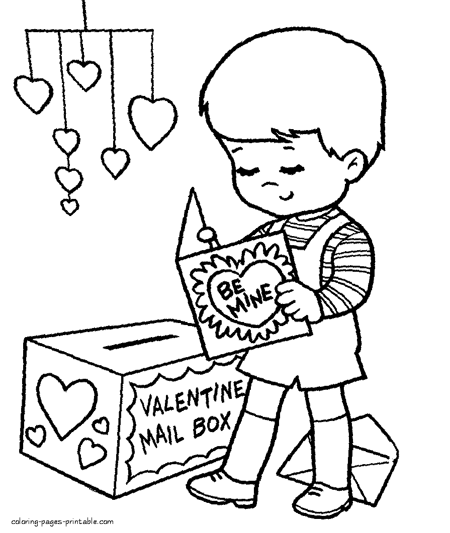 Free printable Valentine's Day coloring pages. Boy with the holiday card