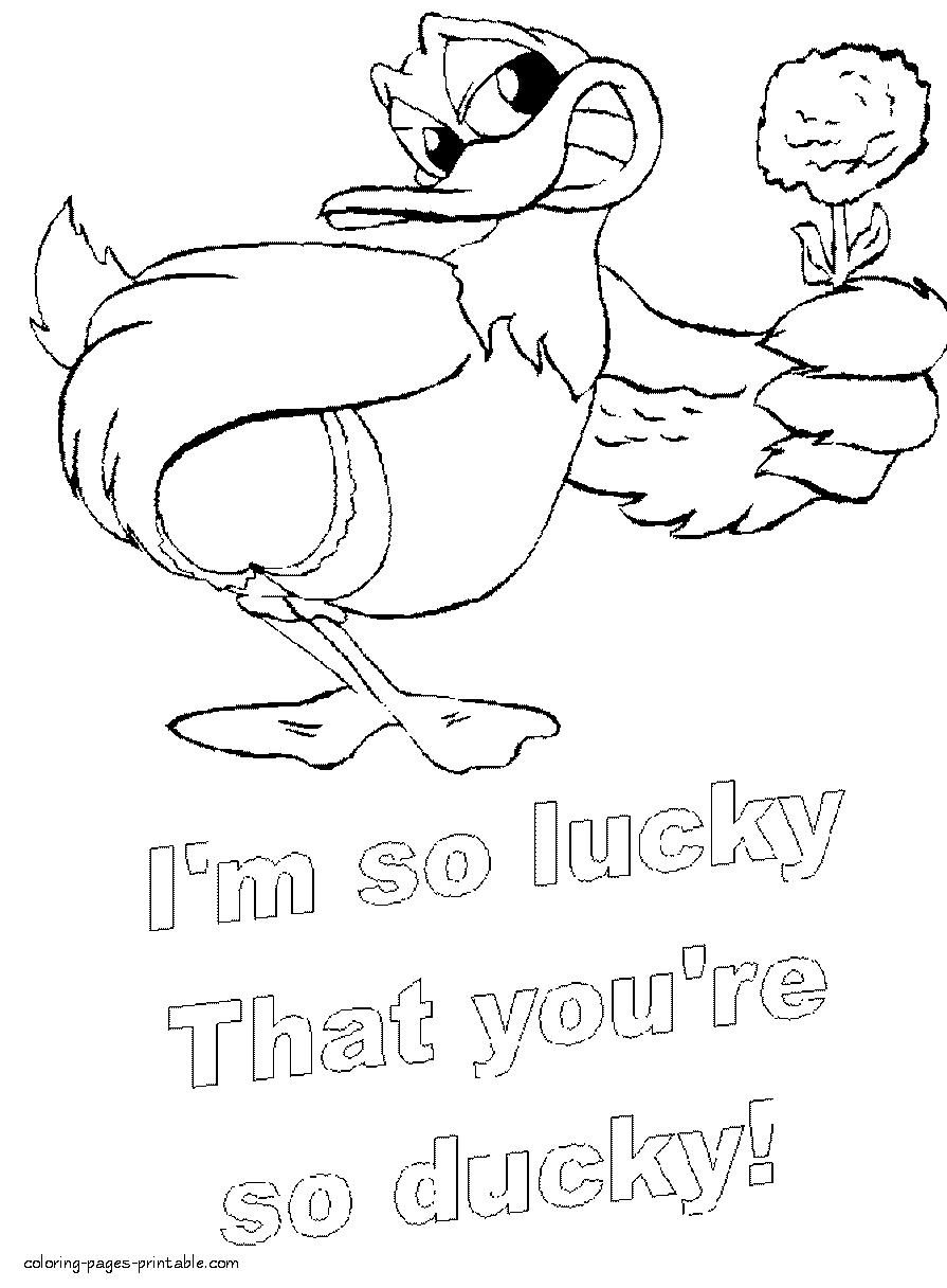 Valentine Day printable coloring pages. The duck with the flower