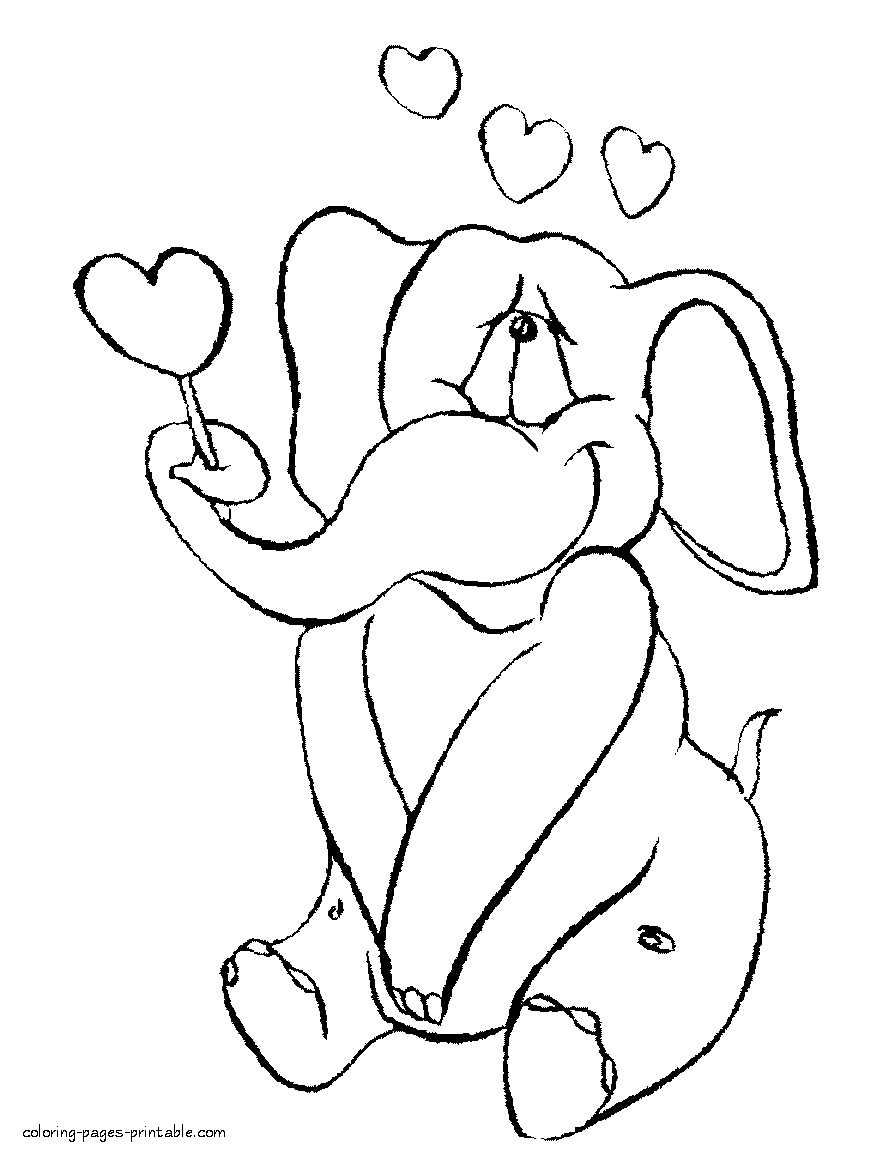 Valentines colouring sheets. Elephant with hearts
