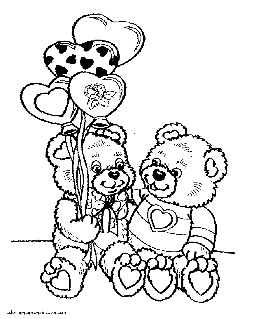 Valentine Day coloring pictures. Two Teddy Bears and heart balloons