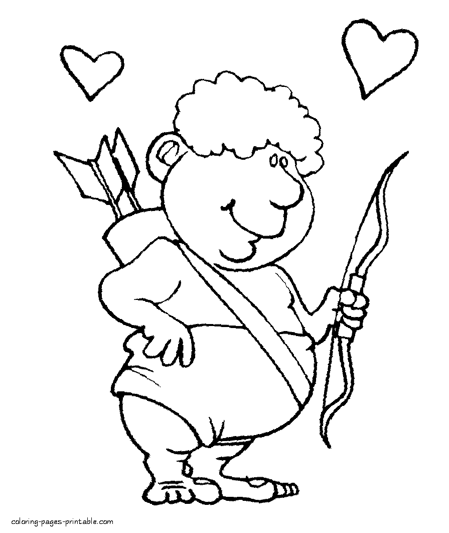 St. Valentine Day coloring sheets. Cupid with bow