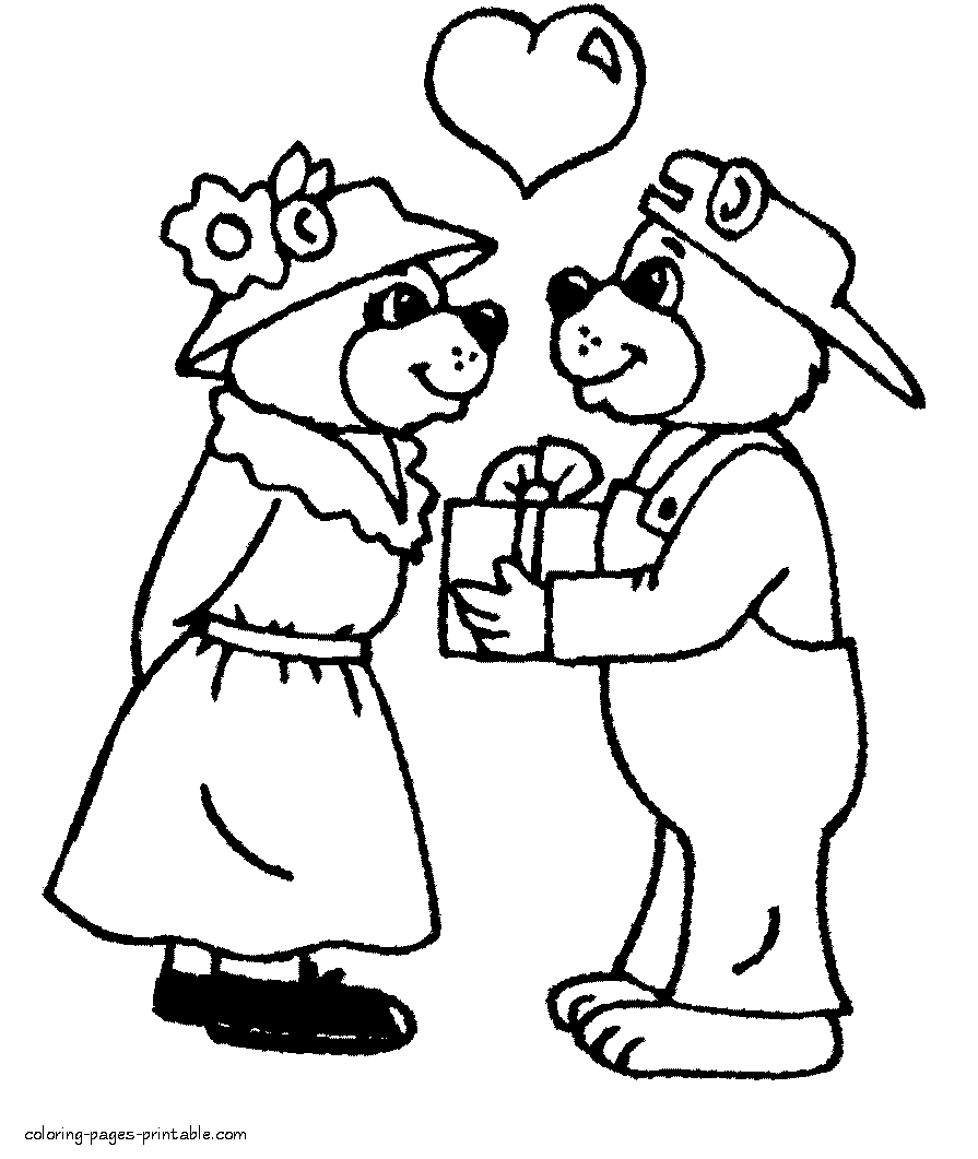 Valentine's day colouring pages. Two bears