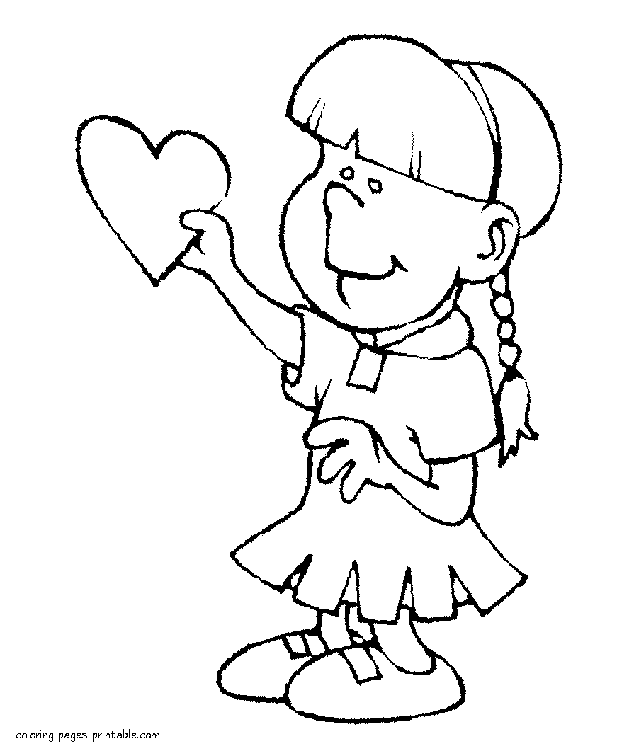Girl with a Valentine heart - coloring page