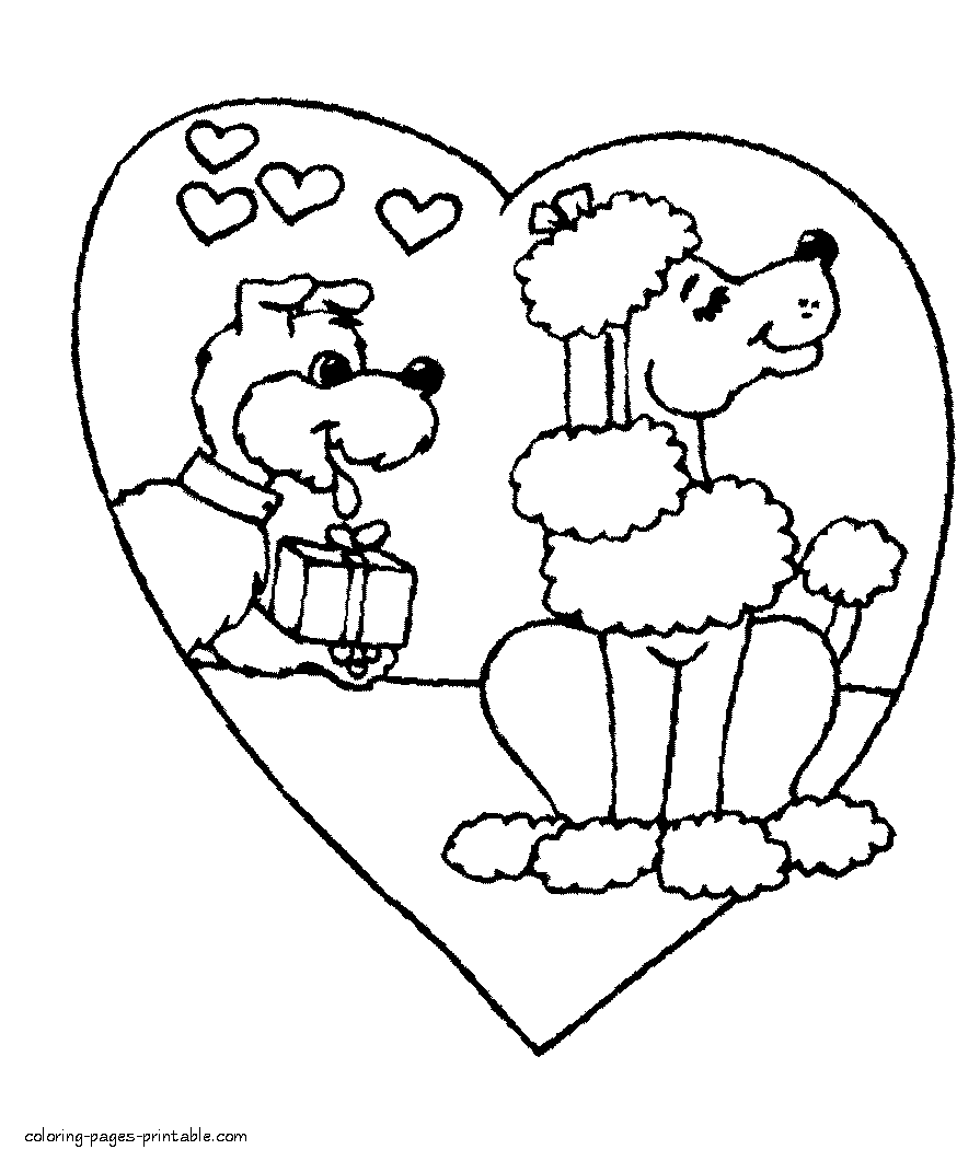 Printable Valentine coloring sheets for kiddies. Couple of dogs