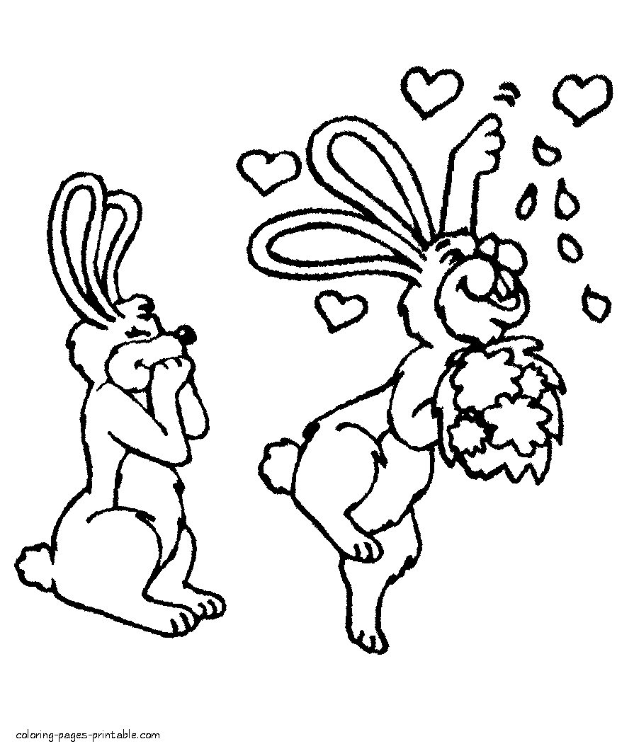 Valentines Day printable coloring sheets. Rabbits