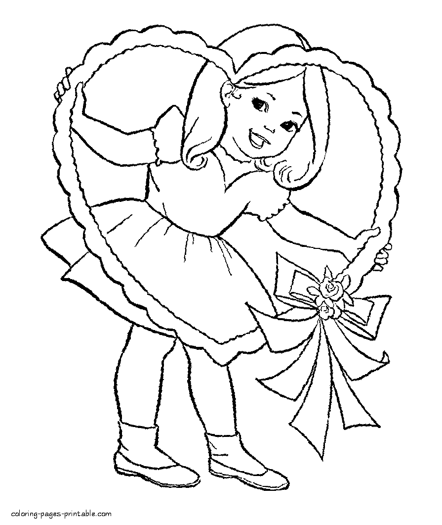Valentine printable coloring pages. Girl with the big heart