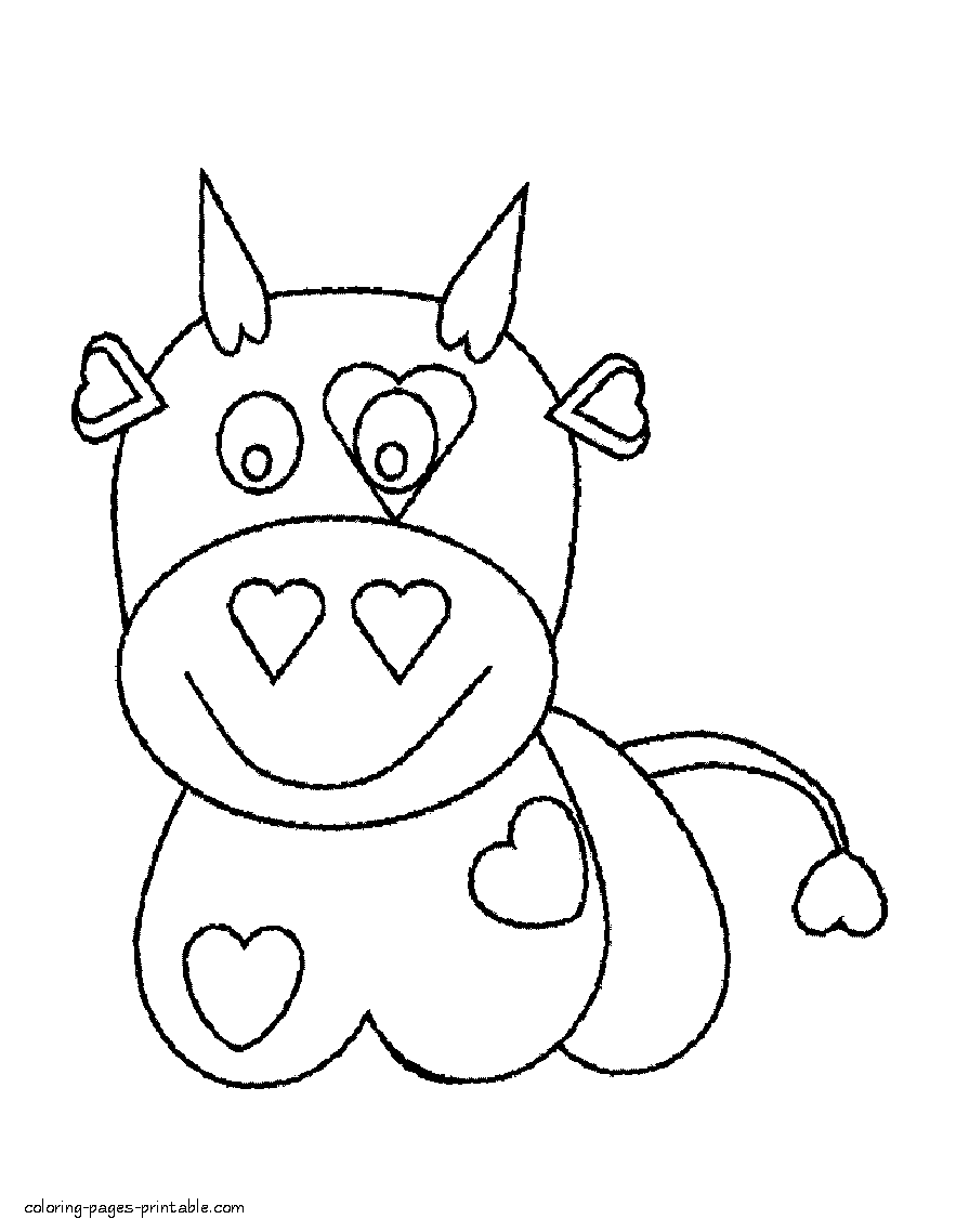 Valentines coloring pages for kids. Printable Cow