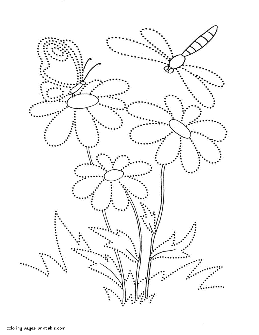 Butterfly and dragonfly above the flowers. Coloring page