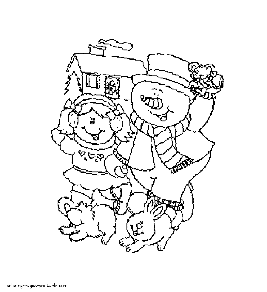 Winter coloring page - Snowman, girl and the animals