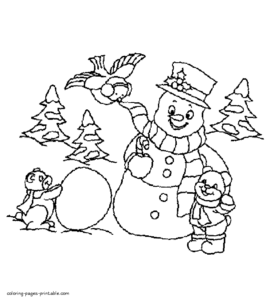Snowman in the forest colouring pictures