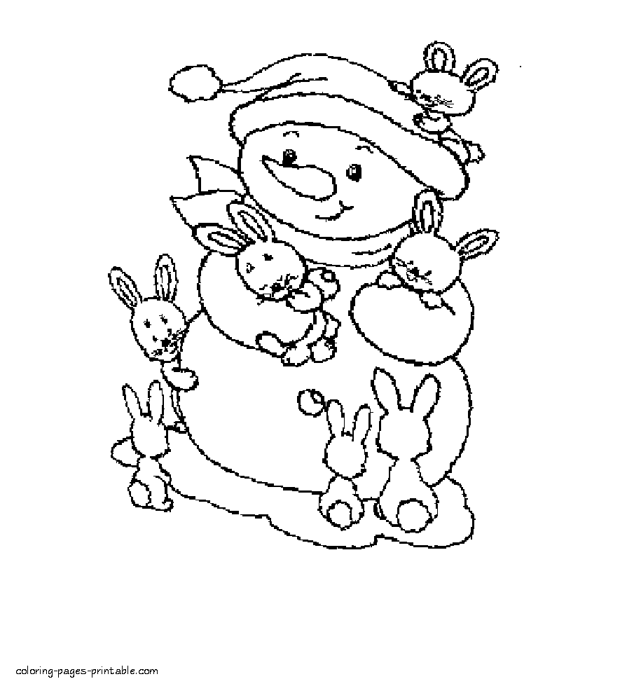 Snowman with the rabbits. Color it