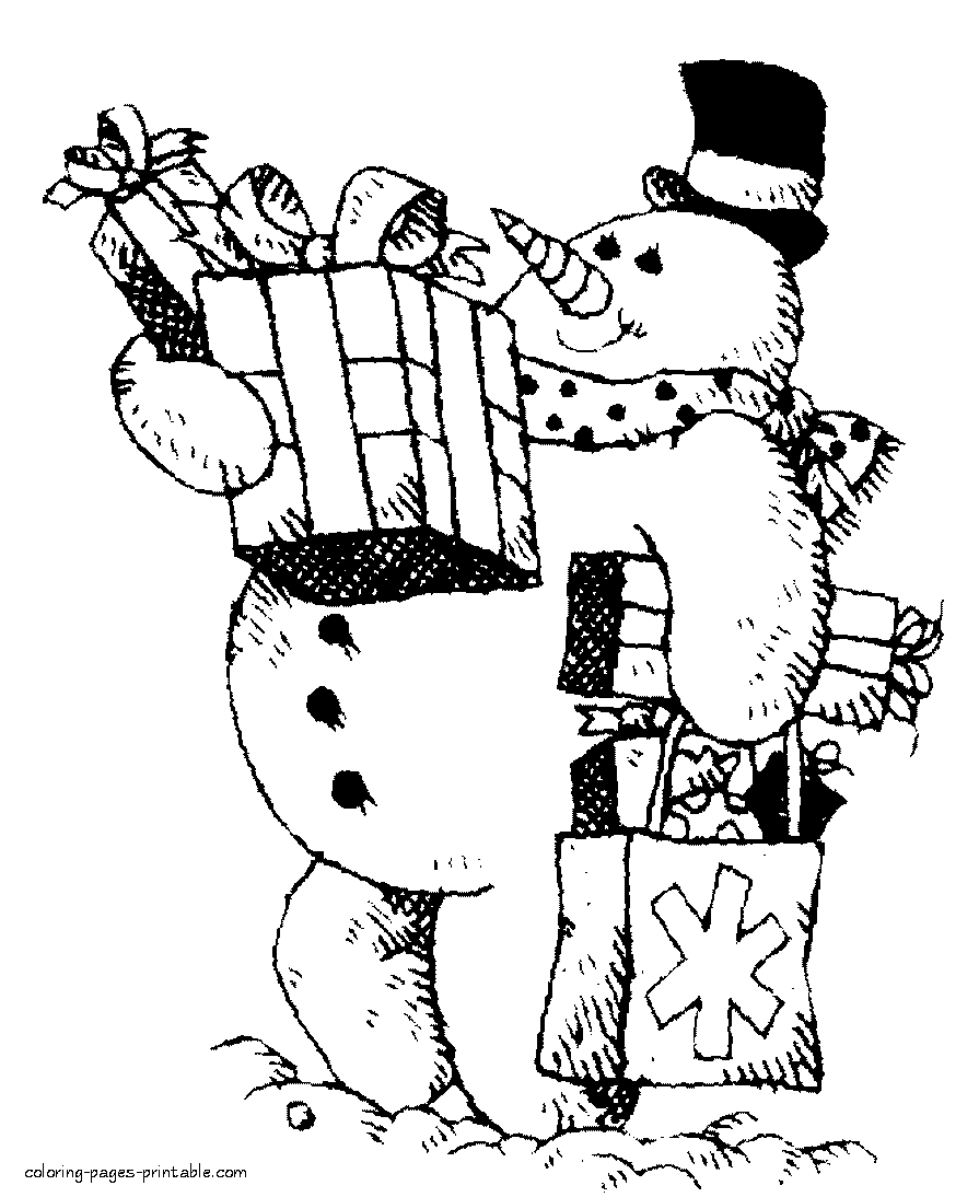 Snowman with a lot of gifts. Christmas coloring pages