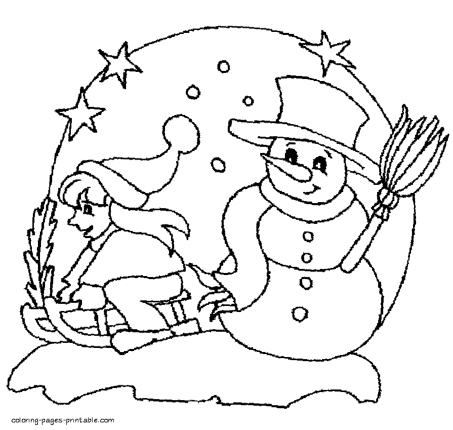 Snowman and girl coloring pictures