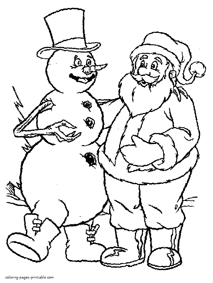 Printable coloring pages. Snowman and Santa