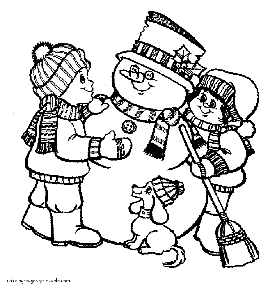 Kids & Snowman colouring page