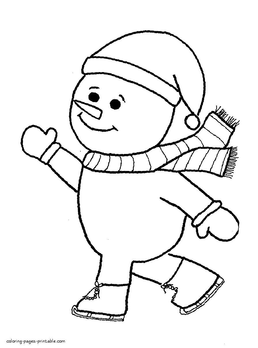 Snowman skates. Winter coloring page
