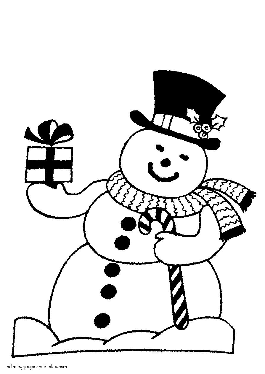 Snowman with a Christmas gift in his hand. Coloring