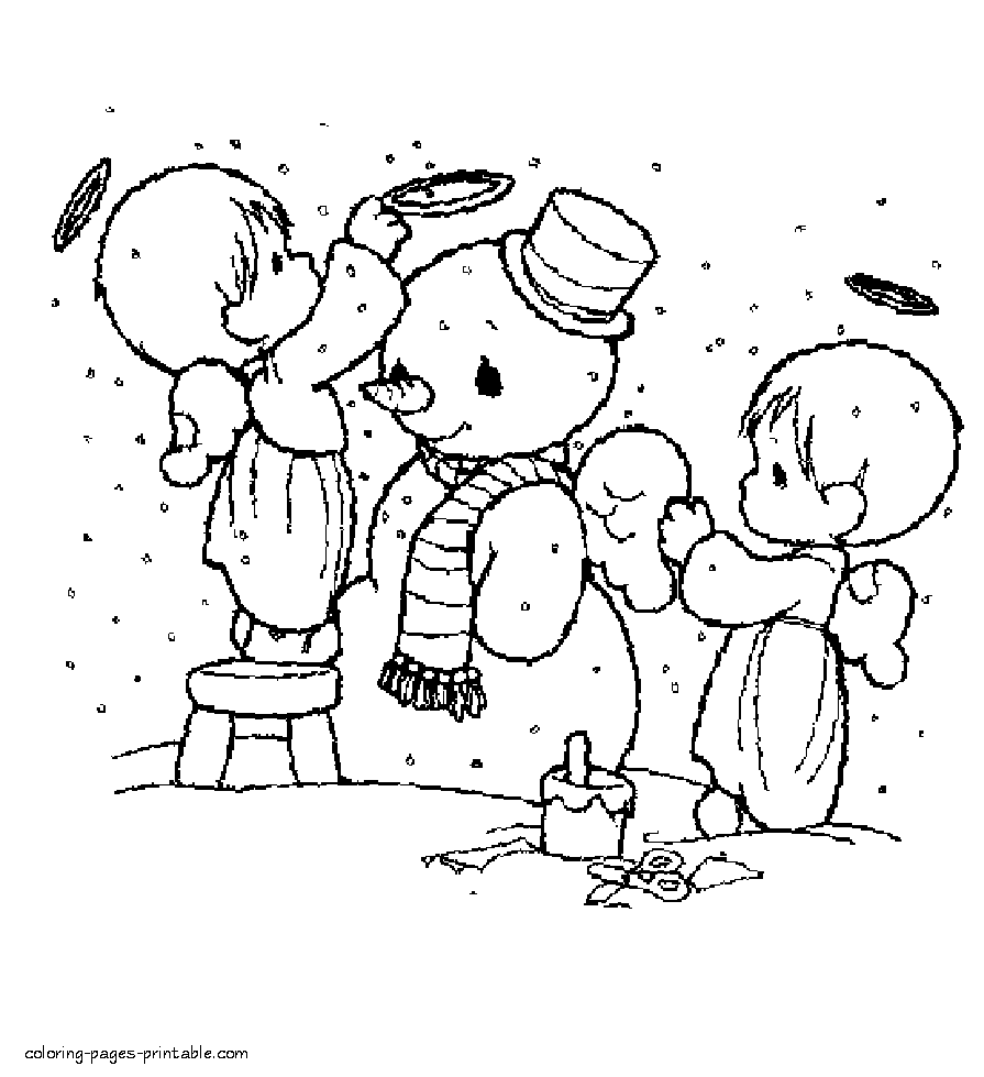 Two little angels making the snowman. Coloring pages